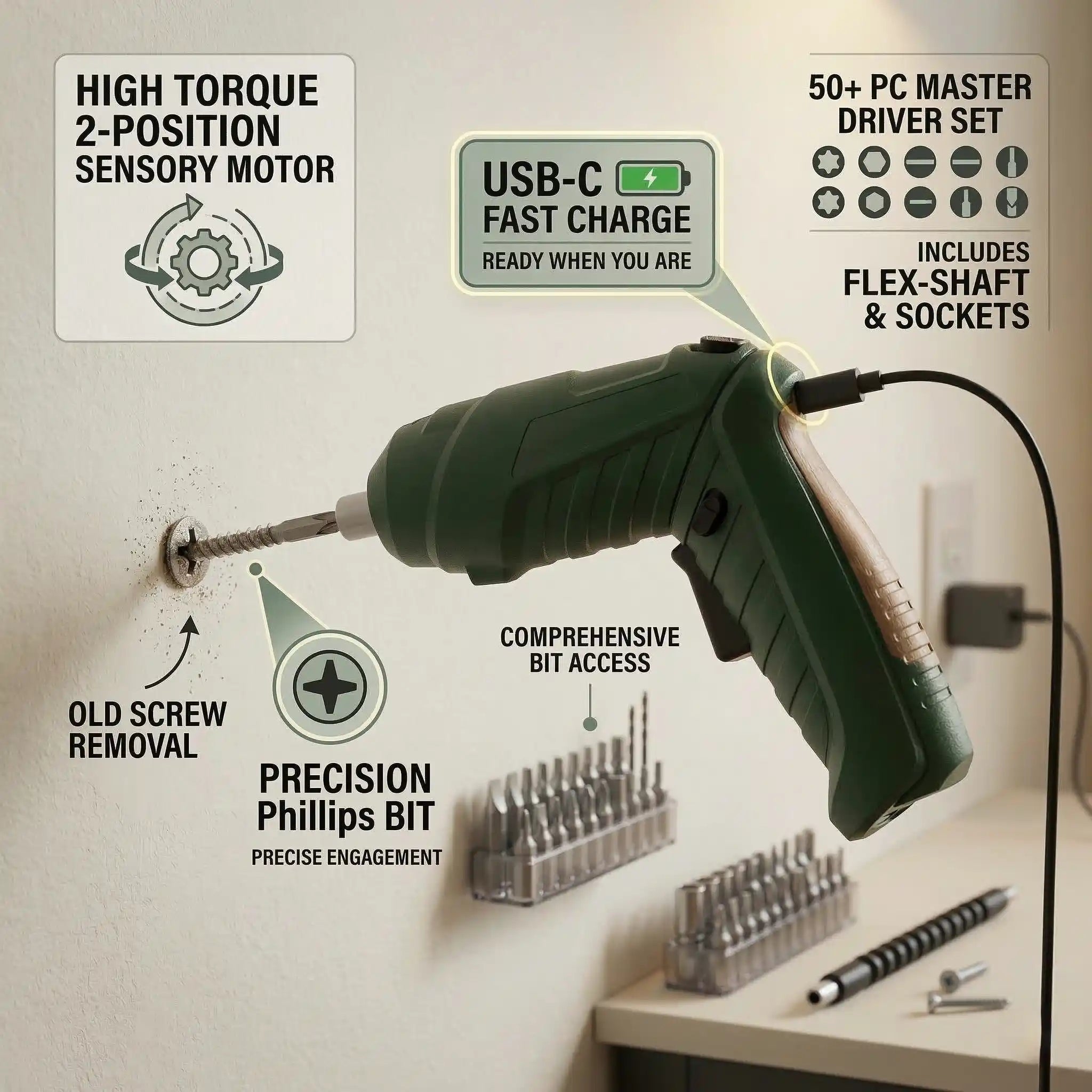 Fit 4.8V Cordless Screwdriver - Compact with Bit Set & Flexible Extension
