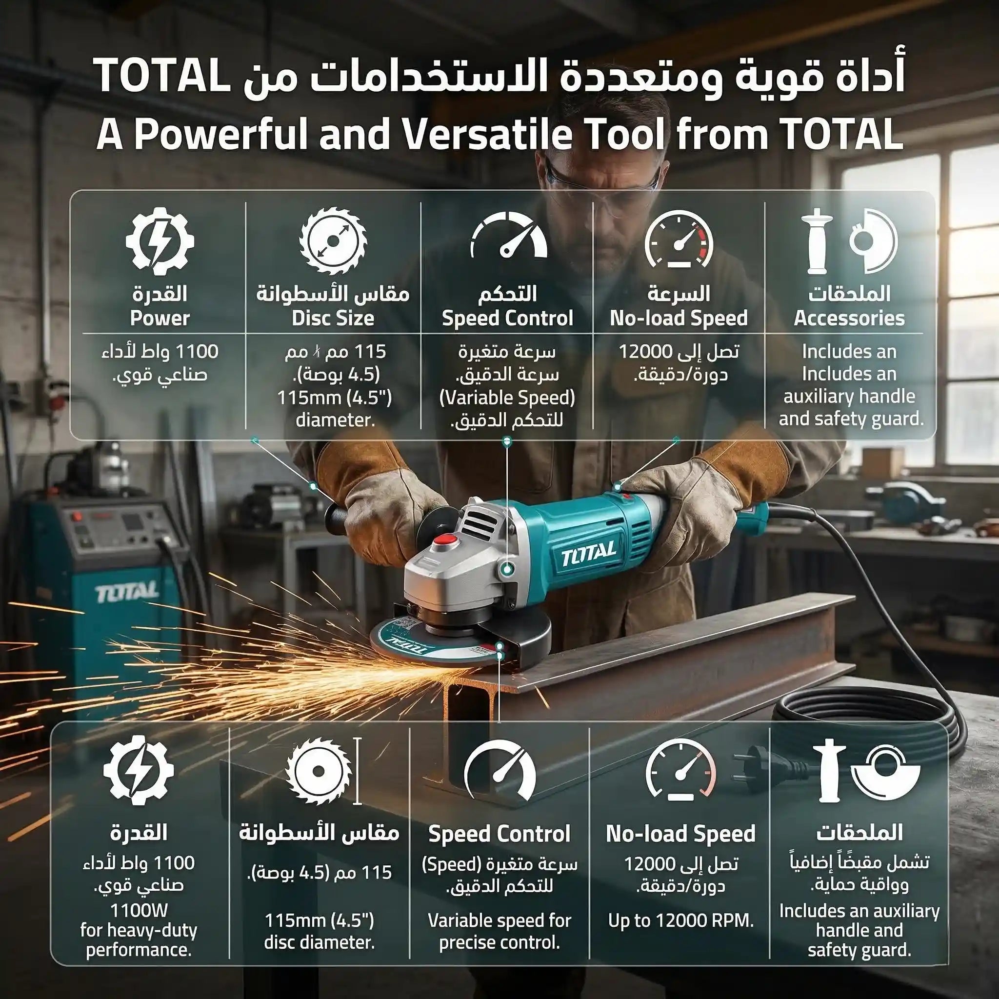 صاروخ تجليخ وقص توتال (TOTAL) كهربائي – قدرة 1100 واط – مقاس 115 مم (4.5 بوصة)