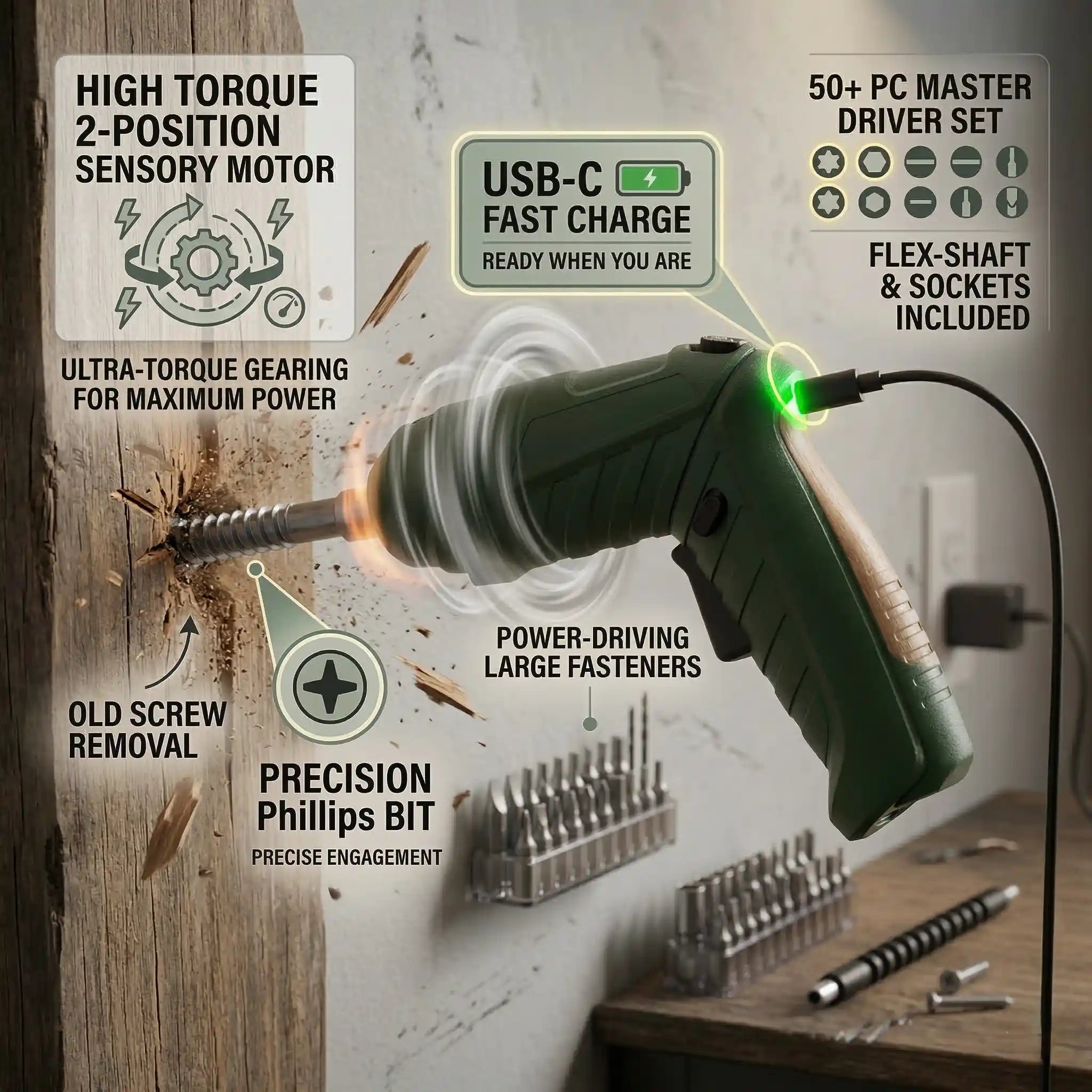 Fit 4.8V Cordless Screwdriver - Compact with Bit Set & Flexible Extension