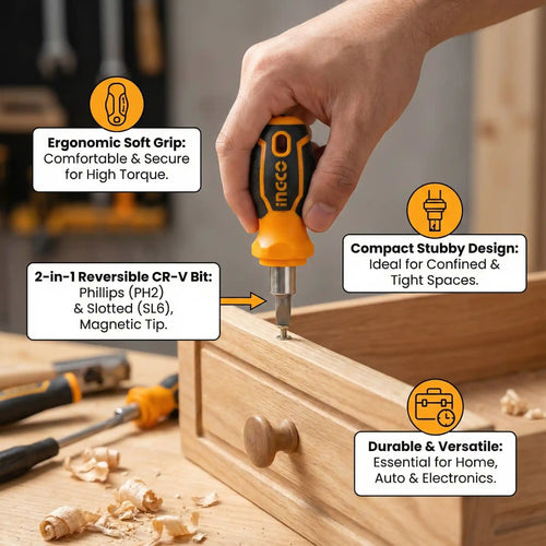 INGCO Stubby Interchangeable Screwdriver – 2-in-1 Double-Ended Bit (Slotted & Phillips)