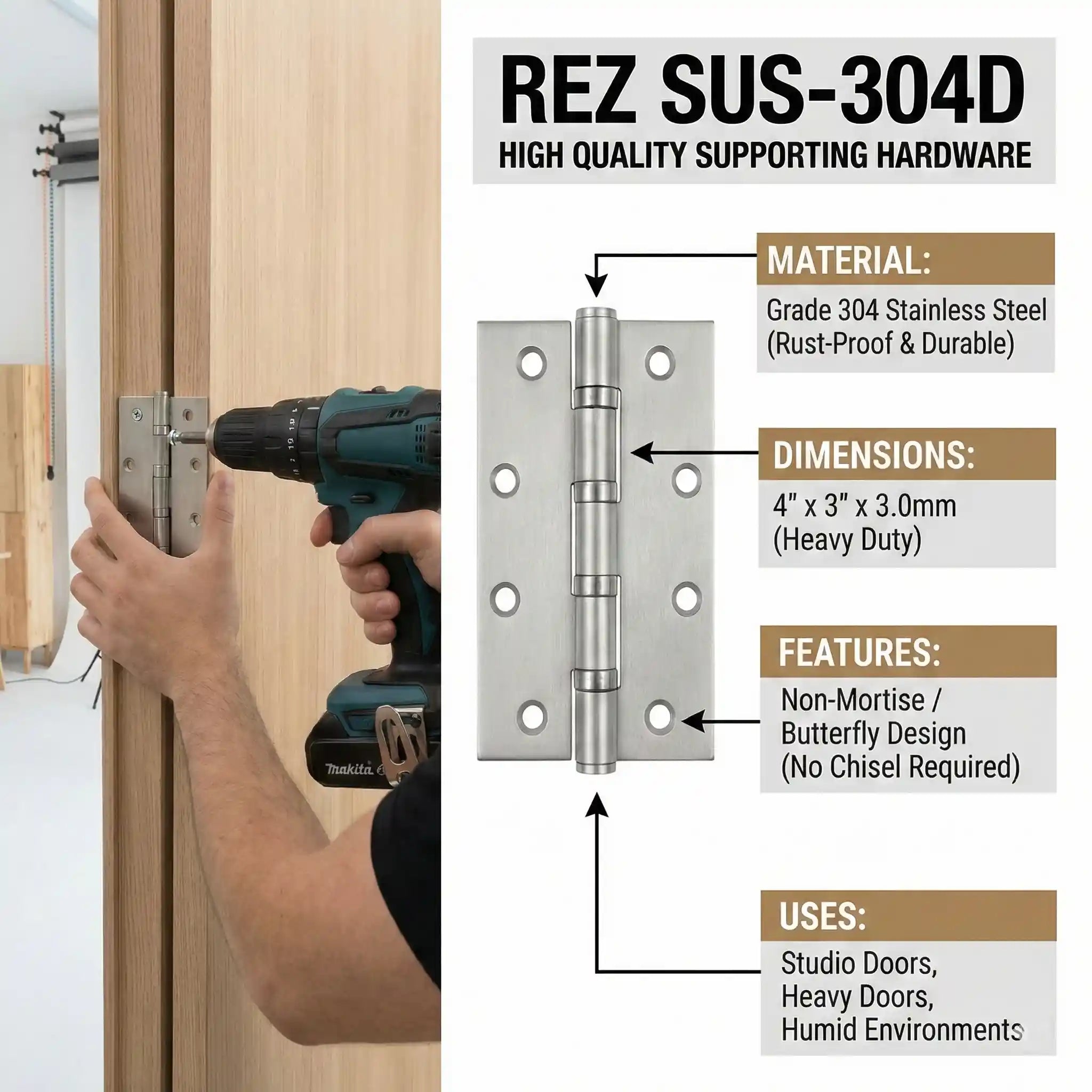 طقم مفصلات أبواب REZO (قطعتين) 304D – مقاس 4×3×3.0 مم – موديل SUS