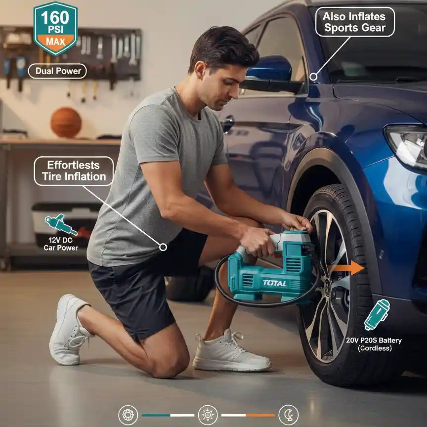 منفاخ إطارات توتال (TOTAL) لاسلكي 20 فولت – فئة Super – ضغط يصل إلى 160 PSI