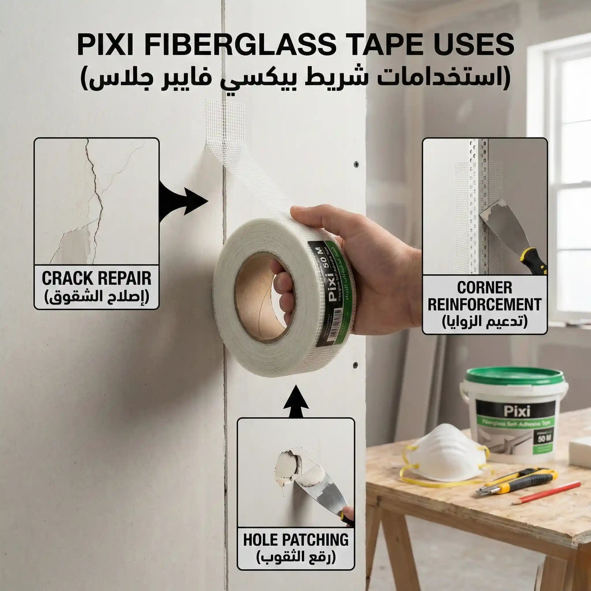 شريط فايبر جلاس لاصق PIXI - طول 50 متر - لترميم الشروخ وتغطية فاصل الجبس بورد