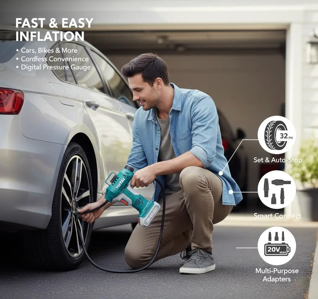 TOTAL 20V Li-ion Cordless Air Inflator (No Battery attached) - Portable Tyre Compressor for Cars & Bikes
