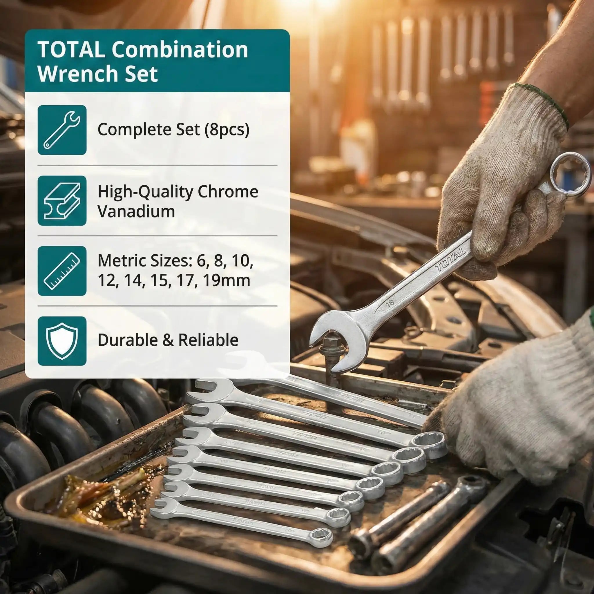 طقم مفاتيح بلدي مشرشر توتال (TOTAL) عدد 8 قطع – فئة Industrial – مقاسات من 6 إلى 19 مم – موديل THT1022861