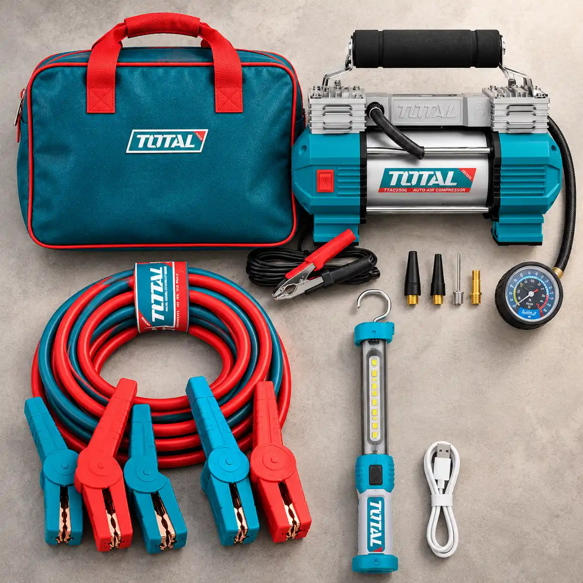 TOTAL Car Emergency Kit 3-in-1 – Air Compressor, 200A Booster Cables & Rechargeable Work Light