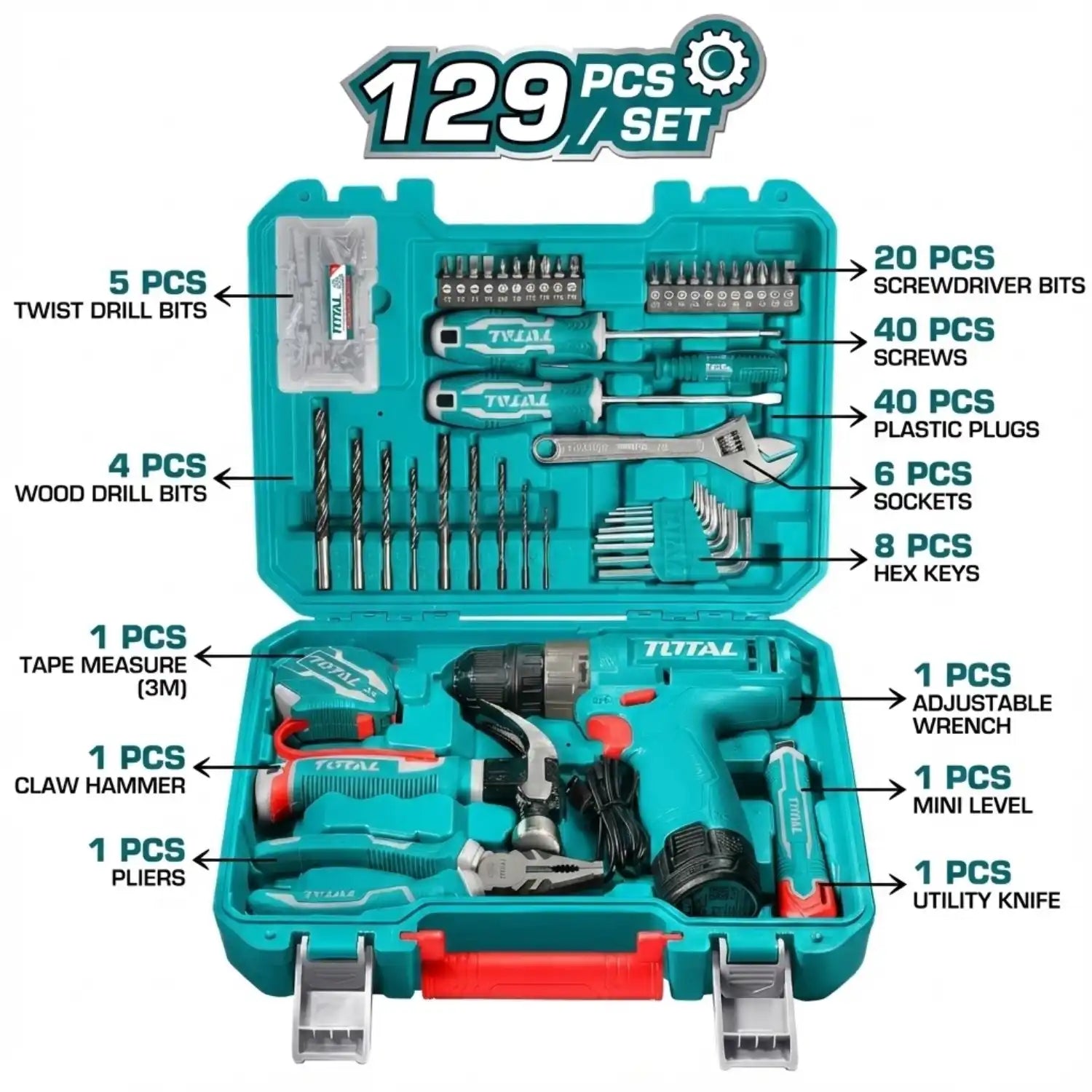 Total 129-Piece Tool Set with 12V Cordless Drill - Comprehensive Home Repair Kit