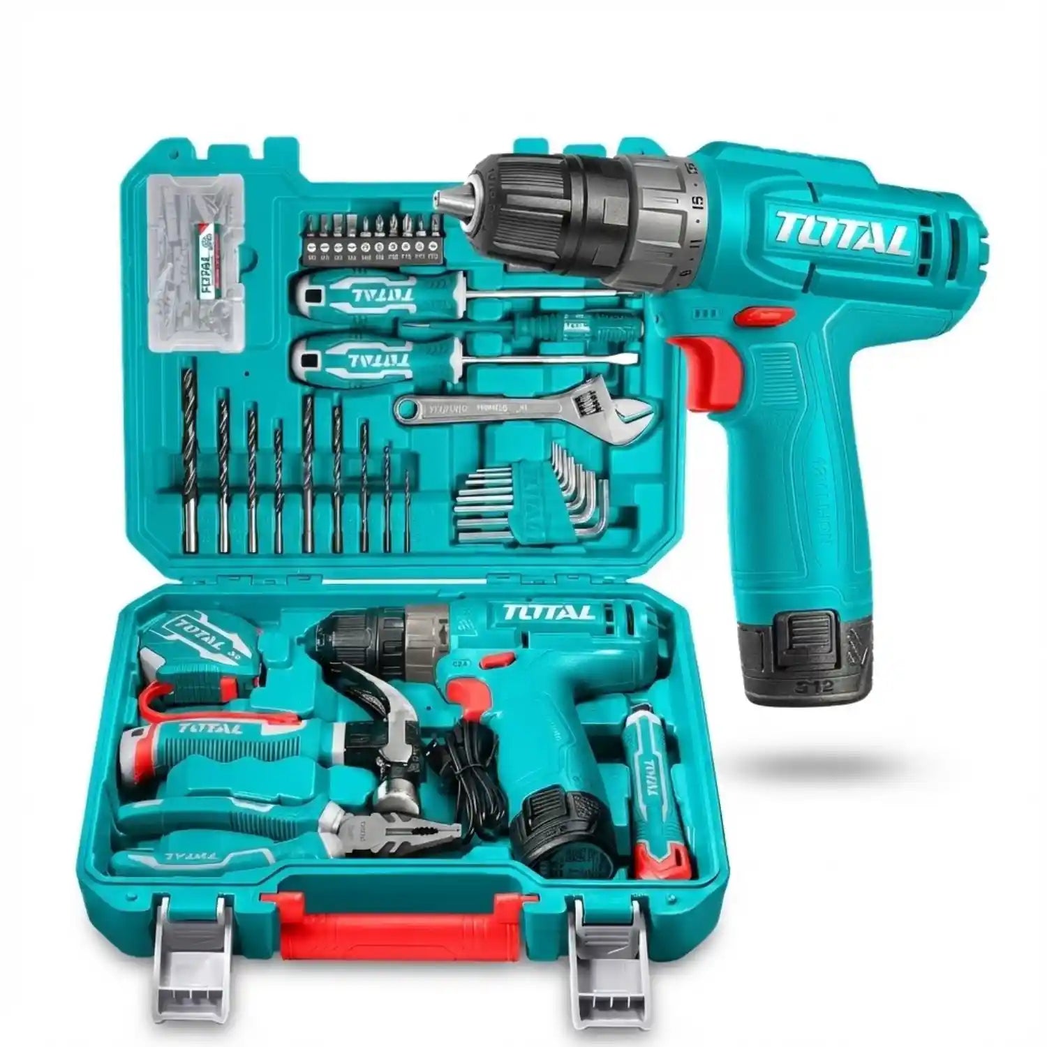 Total 129-Piece Tool Set with 12V Cordless Drill - Comprehensive Home Repair Kit
