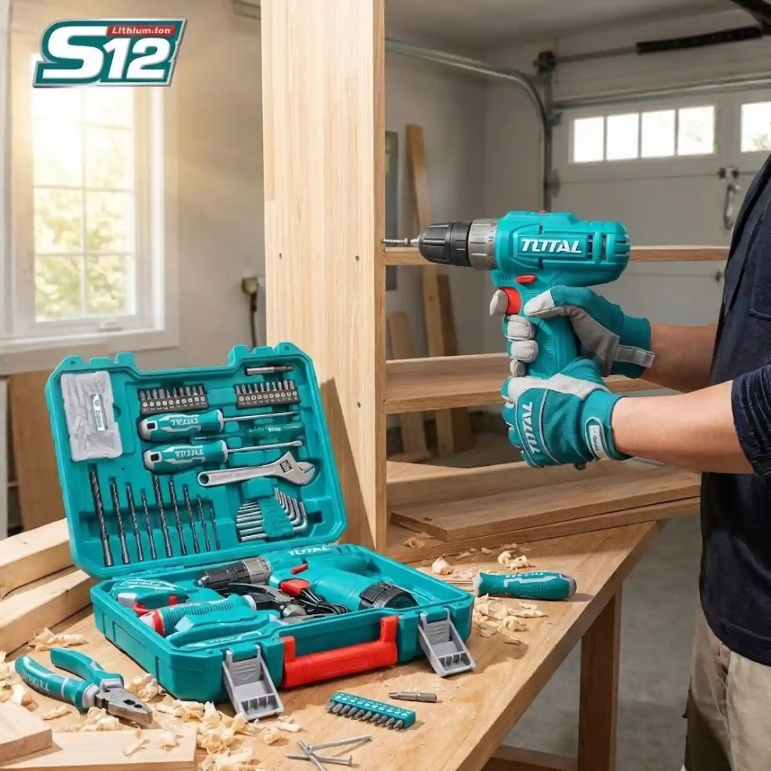 Total 129-Piece Tool Set with 12V Cordless Drill - Comprehensive Home Repair Kit
